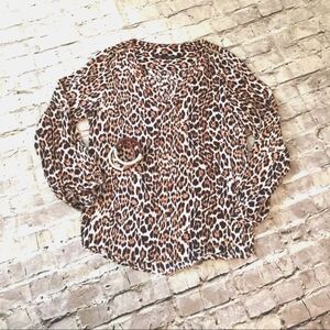Zara Leopard Print Blouse Size M V-Neck Top Long Sleeve